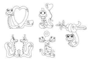 Set cartoon color book character Valentines day snake hand drawn vector