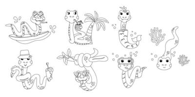 Set cartoon color book character summer snake hand drawn vector