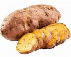 AI generated Whole sweet potato with slice isolated on white background. Close-up Shot. photo