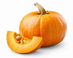 AI generated Whole pumpkin with slice isolated on white background. Close-up Shot. photo