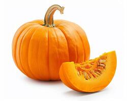 AI generated Whole pumpkin with slice isolated on white background. Close-up Shot. photo
