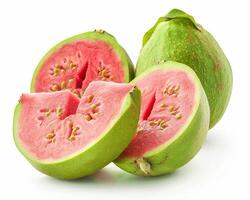 AI generated Whole guava fruit with slice isolated on white background. Close-up Shot photo