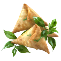 ai generiert 3d Rendern von ein Samosa mit Blätter auf transparent Hintergrund - - ai generiert png