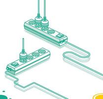 moderno eléctrico extensión cable con enchufar. eléctrico poder enchufe banda. isométrica contorno concepto. dos objetos. tarjeta de alimentación con cuatro tragamonedas vector