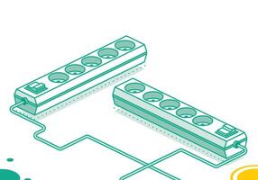 Electrical power socket strip. Isometric outline concept. Two objects. Modern electric extension cord. Powerboard with five slots. vector