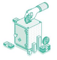 Hand puts money in safe. Isometric concept of savings money. Dollar coin. Stack of money. Outline object. Manage money and finance analytics. vector