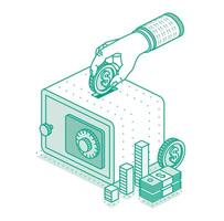 Hand puts money in safe. Isometric concept of savings money. Dollar coin. Stack of money. Outline object. Manage money and finance analytics. vector