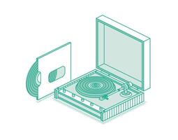 Isometric vinyl player with one plate. Objects isolated on white background. Vinyl recorder. Vintage 3d elements in outline style. vector