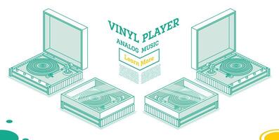 Isometric vinyl player with disk and cover. Object isolated on white background. Vinyl recorder. 3d element in outline style. vector