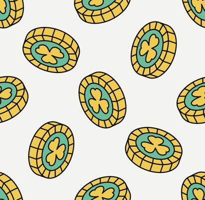Seamless pattern with yellow green coin. Isometric icon. Symbol of Saint Patrick day. Modern style.