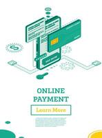 Online Outline Payment with Mobile Phone Isometric Illustration Concept. Online shopping. Internet Banking. Modern Design Concept of Web Page Design. Online Security Transaction. vector