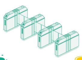 Isometric four turnstiles. Subway station or airport security element. Entrance gates. Access control equipment. Outline design element. vector