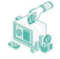 Hand puts money in safe. Isometric concept of savings money. Dollar coin. Stack of money. Outline object. Manage money and finance analytics. vector