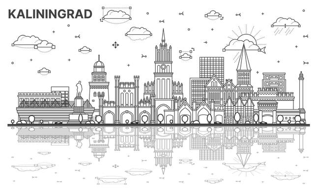 Outline Kaliningrad Russia city skyline with modern and historic buildings with reflections isolated on white. Kaliningrad cityscape with landmarks.