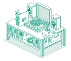 isométrica vinilo lp grabar jugador con disco. mesa con grabadora y dos Altavoces. estéreo sistema. objetos aislado en blanco antecedentes. mesa con un estante en cuales vinilo discos mentir. vector