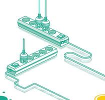 Modern electric extension cord with plug. Electrical power socket strip. Isometric outline concept. Two objects. Powerboard with five slots. vector