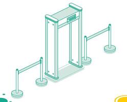 isométrica aeropuerto seguridad metal detector portón con portátil cinta barreras objetos aislado en blanco antecedentes. aeropuerto seguridad. lleno cuerpo escáner. Esgrima cinta. vector