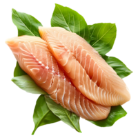 AI generated 3D Rendering of a Raw Fish on Leaves on Transparent Background - Ai Generated png