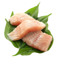 AI generated 3D Rendering of a Raw Fish on Leaves on Transparent Background - Ai Generated png