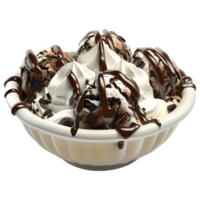 ai generado 3d representación de un vainilla hielo crema con chocolate en un cuenco en transparente antecedentes - ai generado png