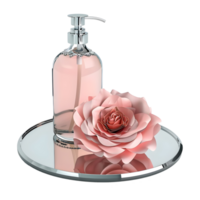 ai gerado 3d Renderização do uma perfume garrafa em espelho com flor em transparente fundo - ai gerado png