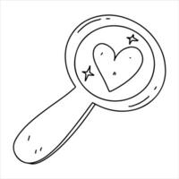 Magnifying glass with heart. Hand drawn doodle style. Vector illustration isolated on white. Coloring page.