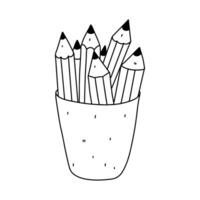 Crayons in a cup. Hand drawn doodle style. Vector illustration isolated on white. Coloring page.