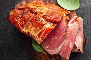 smoked pork meat cooking eating appetizer meal food snack on the table copy space food background rustic top view photo