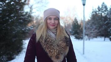 un' bellissimo dolce ragazza nel un' meme cappotto e un' leggero cappello passeggiate attraverso il inverno parco con un' bene cenno. video