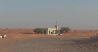 A drone captures camels near a minaret in a sand-covered desert city video