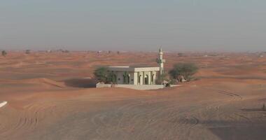 ein Drohne erfasst Kamele in der Nähe von ein Minarett im ein sandbedeckt Wüste Stadt video