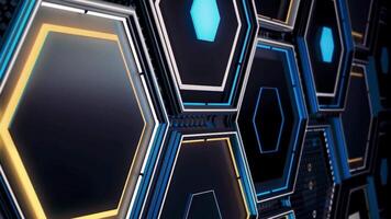 Technological pattern with many geometric hexagon frames of blue and yellow colors on black background, seamless loop. Animation. Close up of futuristic surface with hexagons. video