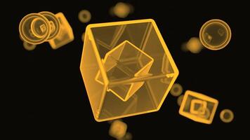 3D cubes rotating in virtual space. Design. Transparent cubes and round bubbles. video