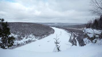 Winter Landschaft von kalt breit Fluss. Clip. gefroren Landschaft mit Wald und Biegen Fluss. video