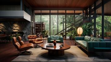 AI generated Mid-Century Modern interior design high quality photo