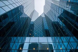 a view of a skyscraper from the ground photo