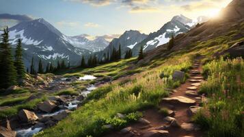 AI generated Mountain Afternoon Hike Background photo