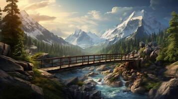 AI generated Mountain Bridge Background photo