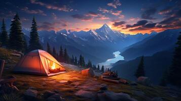 AI generated Mountain Camping Getaway Background photo