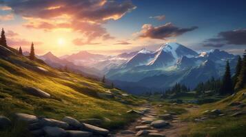 AI generated Mountain Evening Hike Background photo