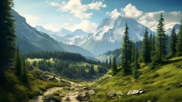 AI generated Mountain Forest Getaway Background photo