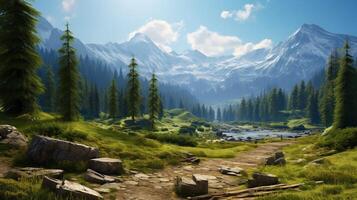 AI generated Mountain Forest Getaway Background photo