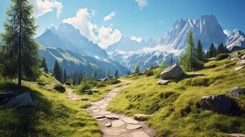 AI generated Mountain Hiking Trails Background photo