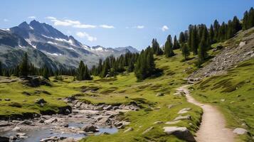 AI generated Mountain Hiking Trails Background photo