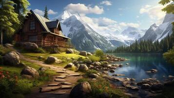 AI generated Mountain Lakeside Cabin Background photo