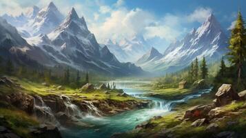 AI generated Mountain Landscape Paintings Background photo
