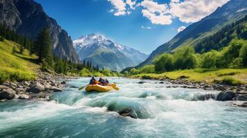 AI generated Mountain River Rafting Background photo