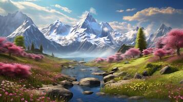 AI generated Mountain Springtime Renewal Background photo