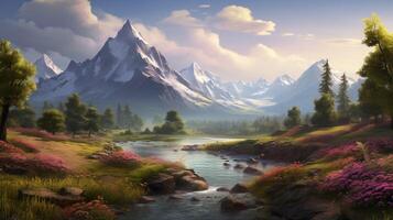 AI generated Mountain Spring Awakening Background photo