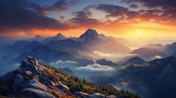 AI generated Mountain Summit Sunrise Glory Background photo